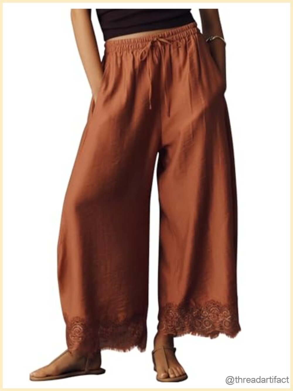 Lace Trim Wide Leg Cropped Pants Lightweight Casual Beach Pants